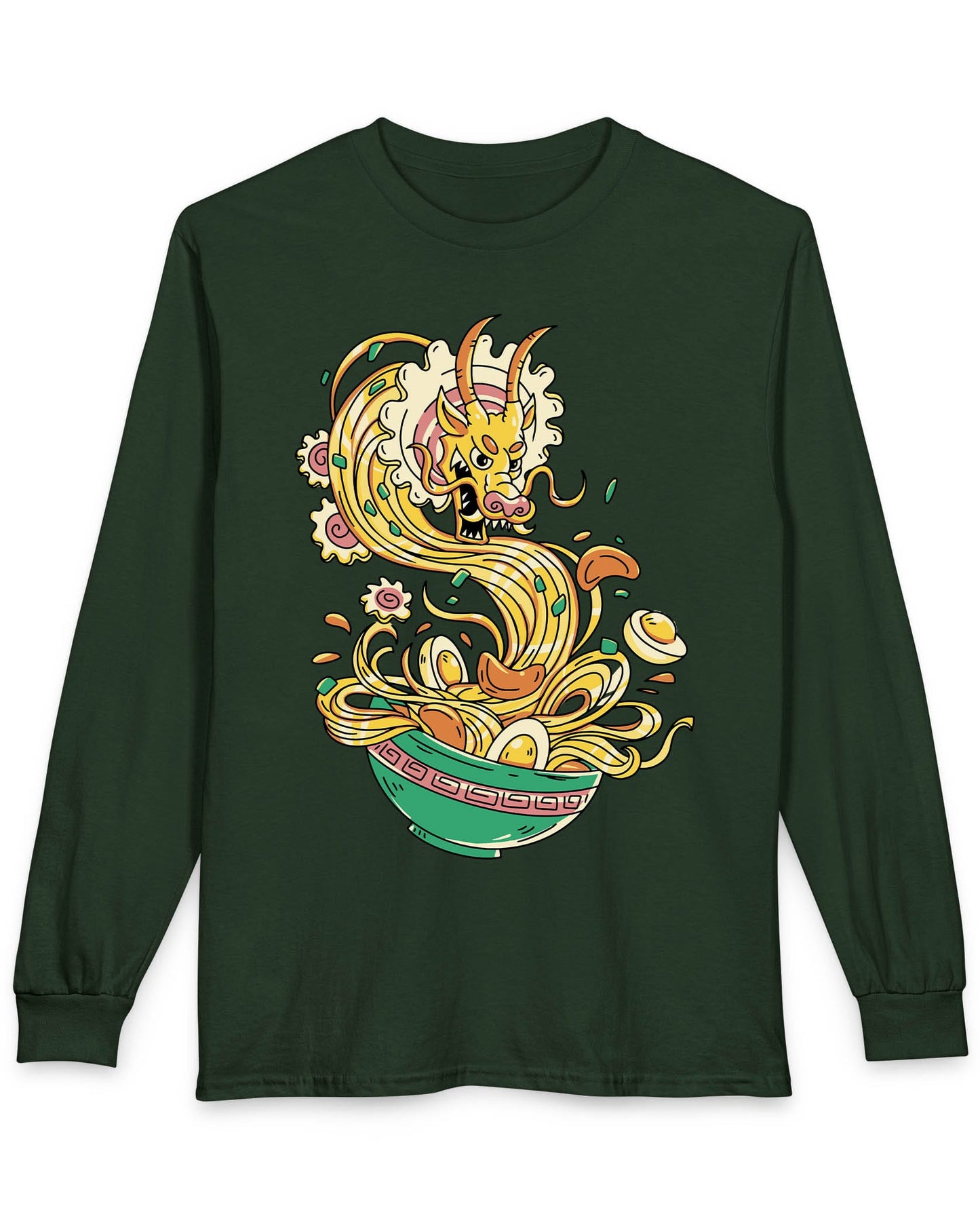 Ramen Rampage shirt in forest green featuring a fierce dragon bursting from a bowl of noodles, eggs, and toppings