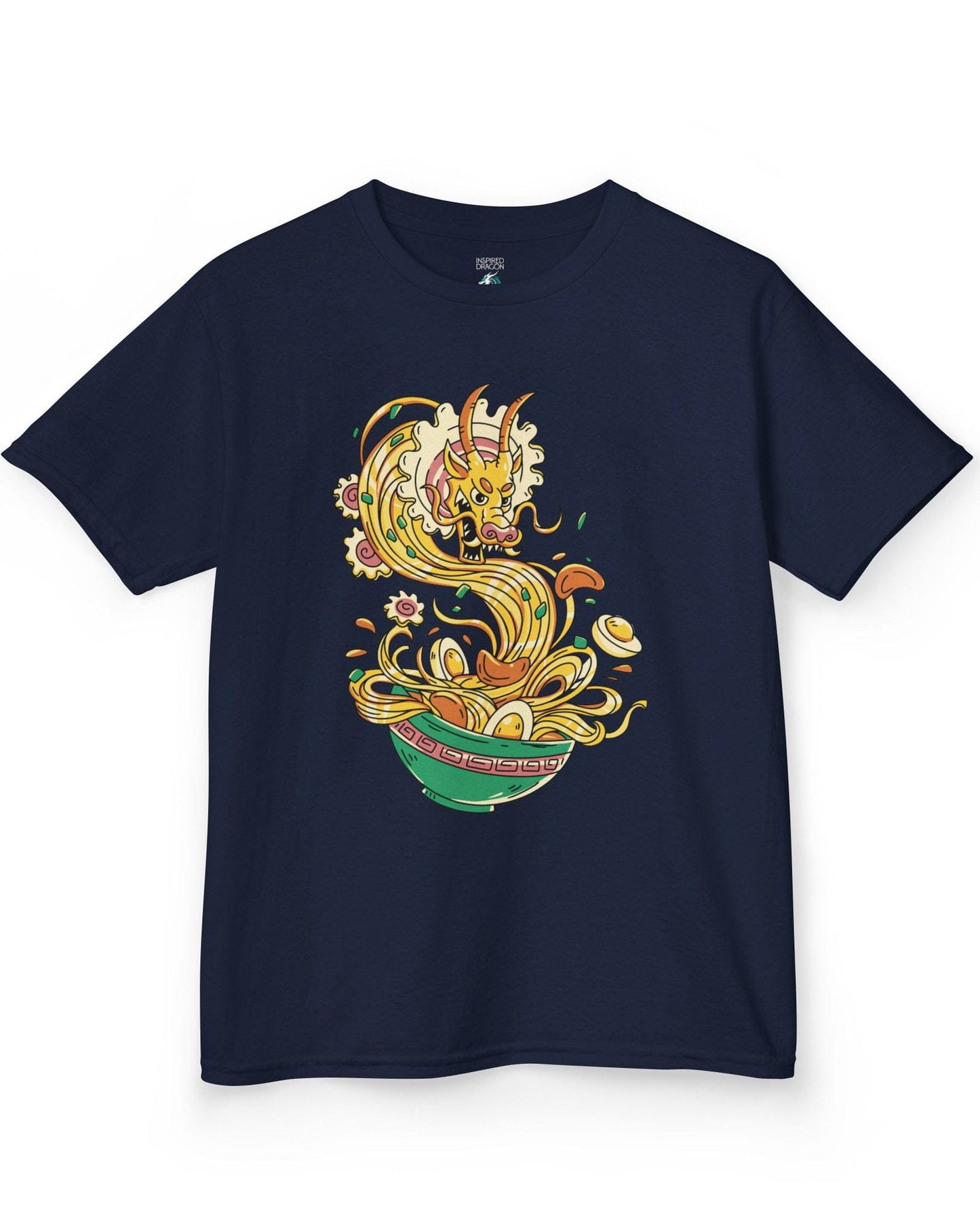 Ramen Rampage shirt in navy featuring a fierce dragon bursting from a bowl of noodles, eggs, and toppings.