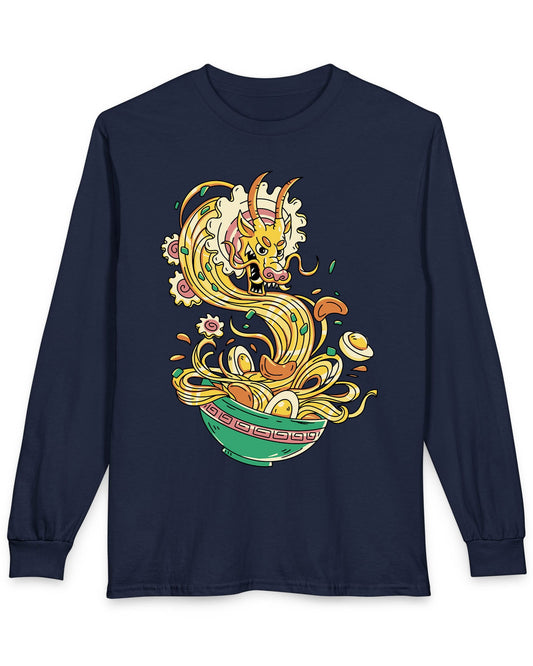 Ramen Rampage shirt in navy featuring a fierce dragon bursting from a bowl of noodles, eggs, and toppings