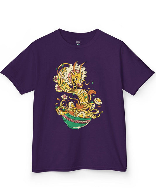 Ramen Rampage shirt in purple featuring a fierce dragon bursting from a bowl of noodles, eggs, and toppings.