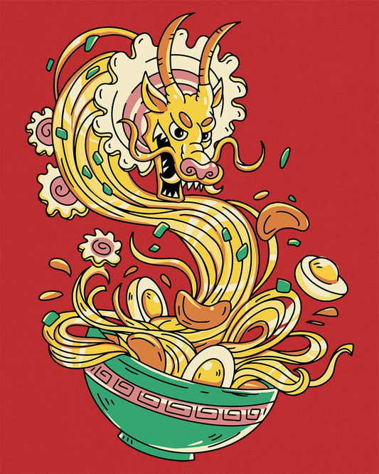 Ramen Rampage shirt in red featuring a fierce dragon bursting from a bowl of noodles, eggs, and toppings.