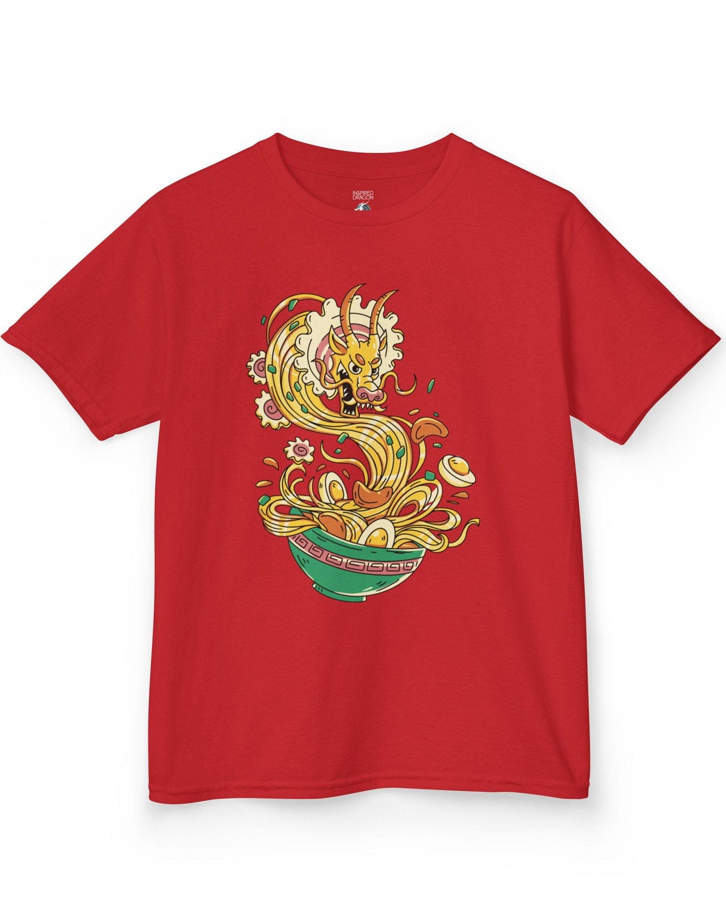 Ramen Rampage shirt in red featuring a fierce dragon bursting from a bowl of noodles, eggs, and toppings.