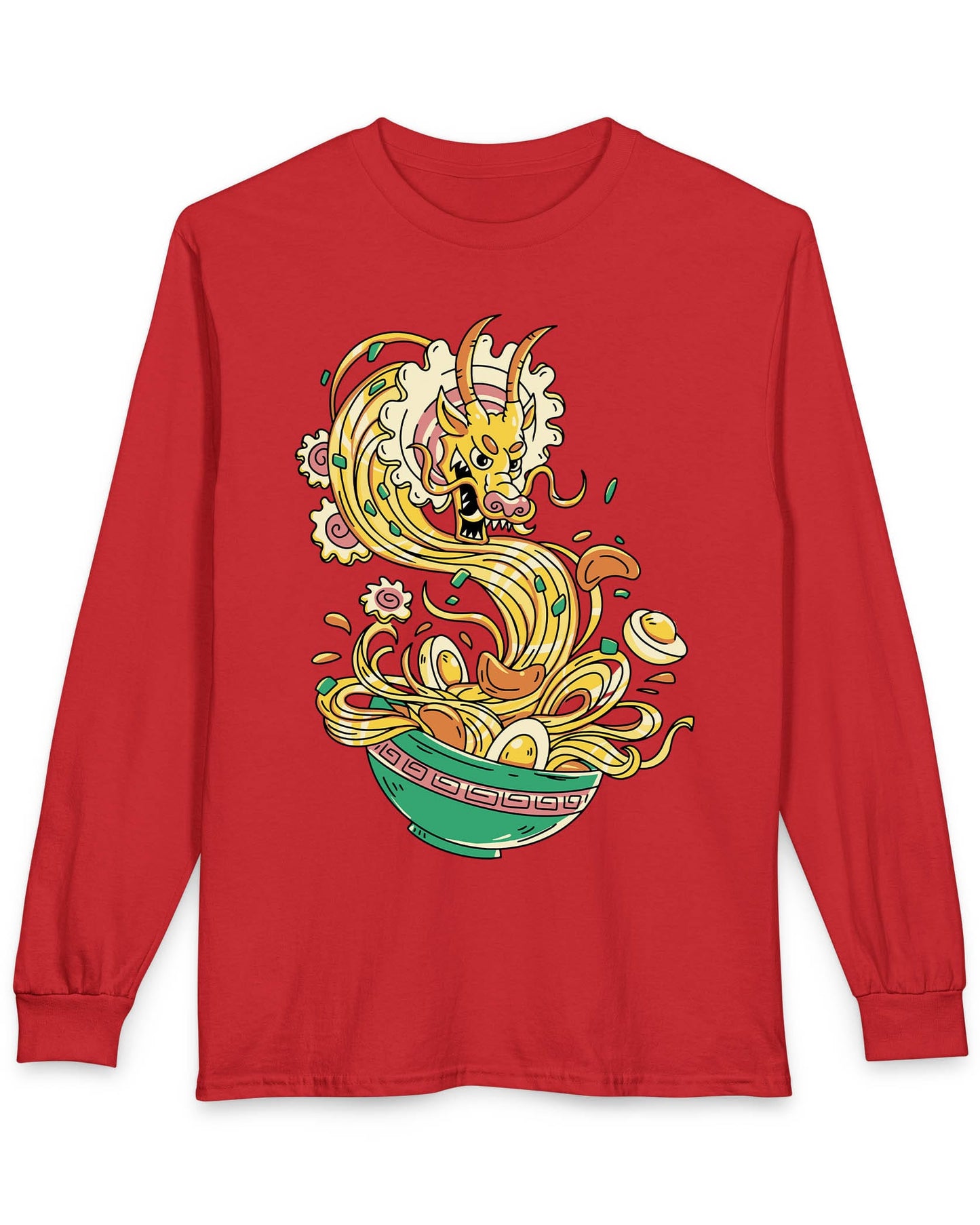 Ramen Rampage shirt in red featuring a fierce dragon bursting from a bowl of noodles, eggs, and toppings