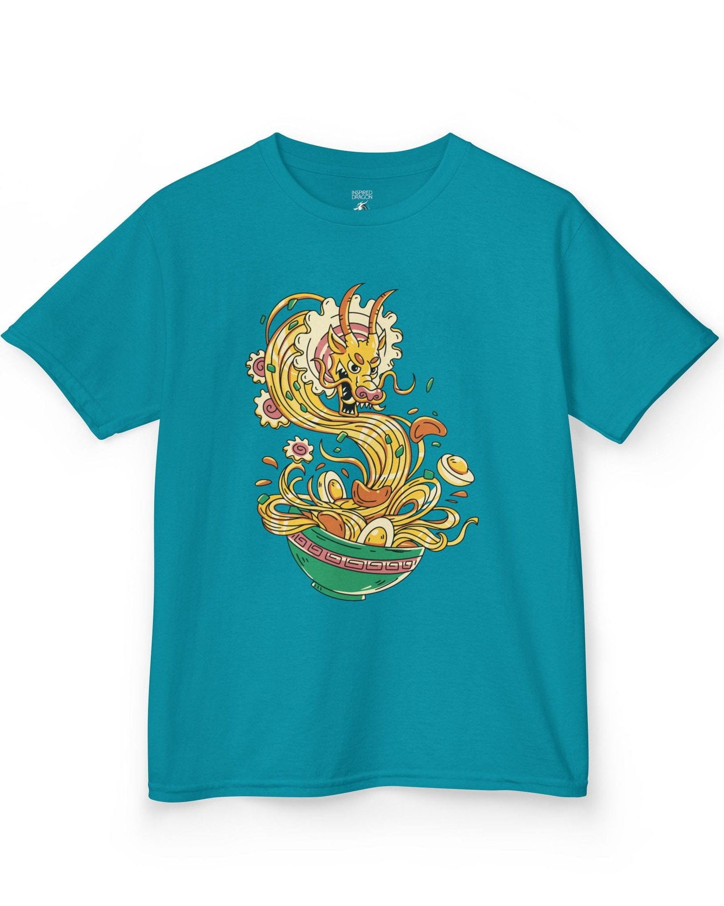 Ramen Rampage shirt in tropical blue featuring a fierce dragon bursting from a bowl of noodles, eggs, and toppings.
