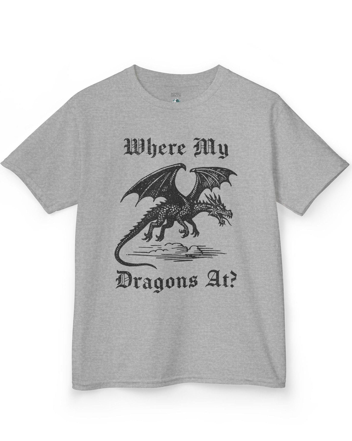 Where My Dragons At shirt in sport grey featuring a bold vintage-style dragon flying above clouds in a medieval print style.