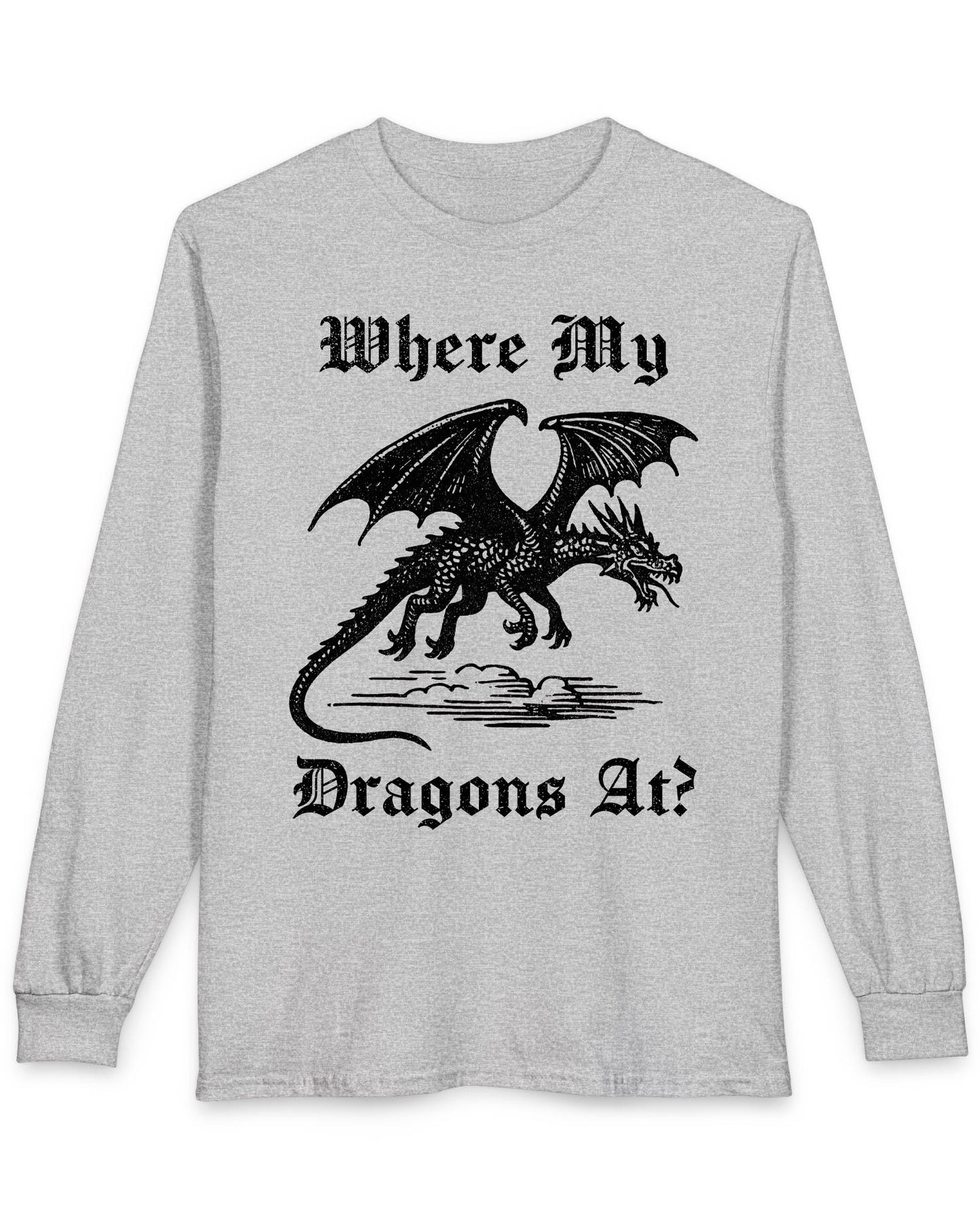 Where My Dragons At shirt in sport grey featuring a bold vintage-style dragon flying above clouds in a medieval print style