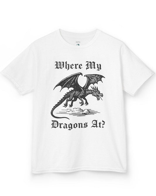 Where My Dragons At shirt in white featuring a bold vintage-style dragon flying above clouds in a medieval print style.