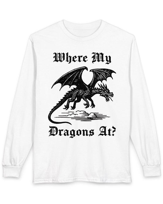 Where My Dragons At shirt in white featuring a bold vintage-style dragon flying above clouds in a medieval print style