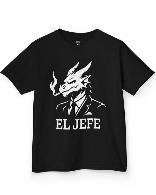 El Jefe shirt in black featuring a dragon in a suit with a cigar, exuding cool, confident boss energy.