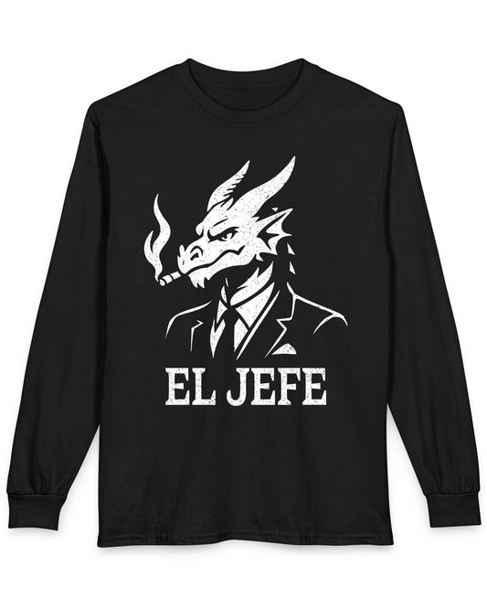 El Jefe shirt in black featuring a dragon in a suit with a cigar, exuding cool, confident boss energy.