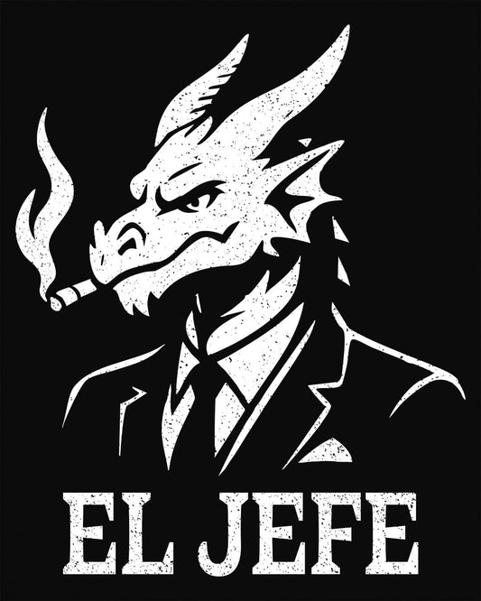 El Jefe shirt in black featuring a dragon in a suit with a cigar, exuding cool, confident boss energy.