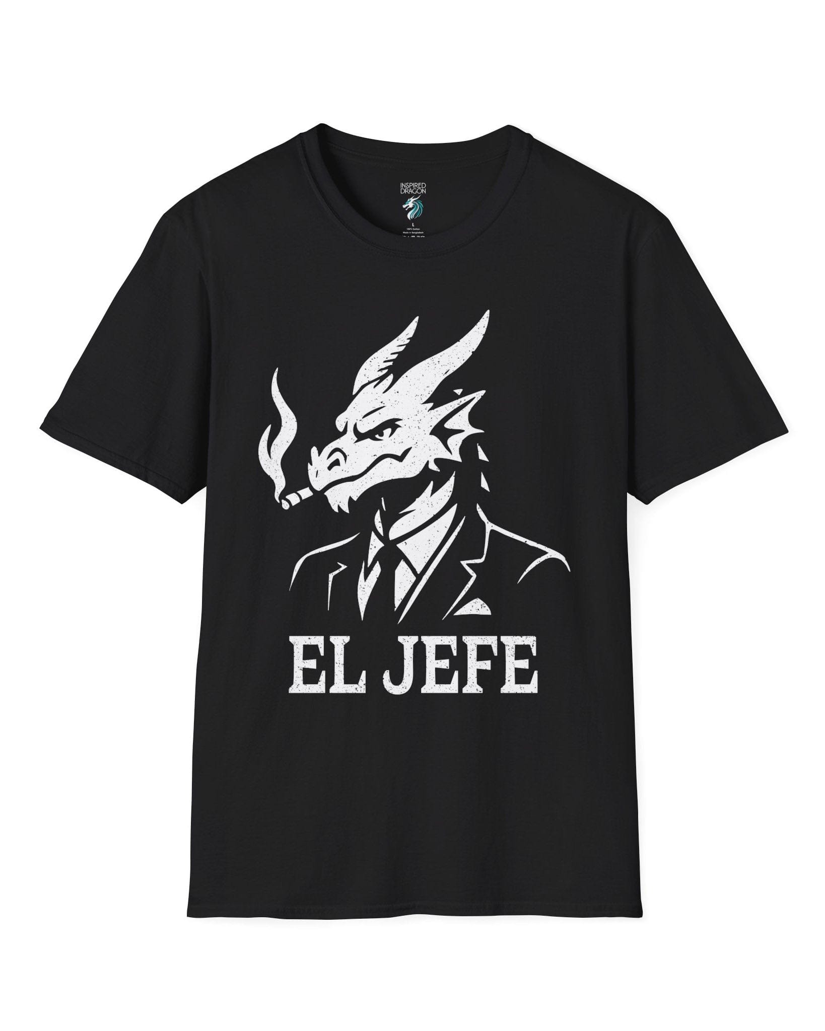 El Jefe shirt in black featuring a dragon in a suit with a cigar, exuding cool, confident boss energy.