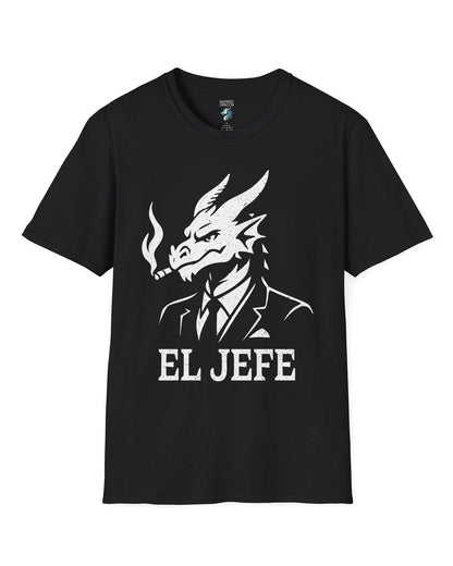 El Jefe shirt in black featuring a dragon in a suit with a cigar, exuding cool, confident boss energy.