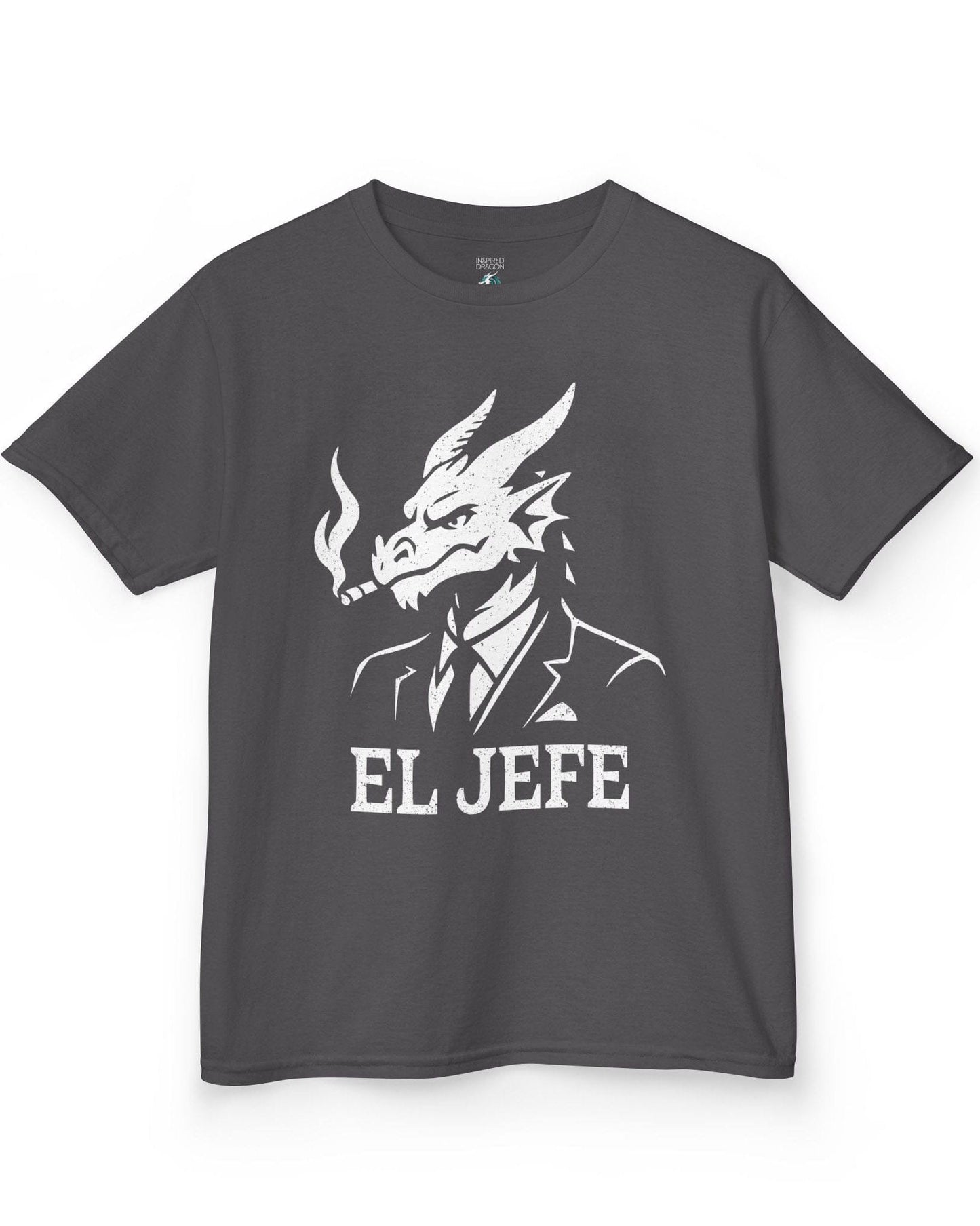 El Jefe shirt in charcoal featuring a dragon in a suit with a cigar, exuding cool, confident boss energy.