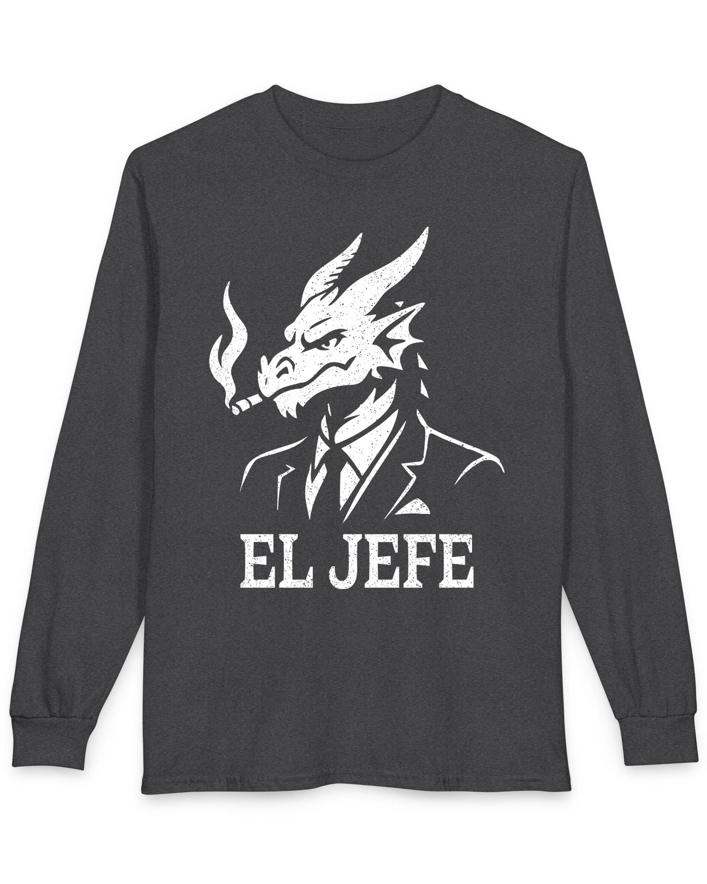 El Jefe shirt in dark heather grey featuring a dragon in a suit with a cigar, exuding cool, confident boss energy.