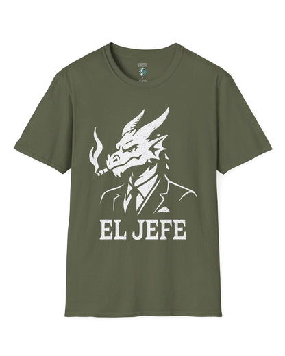 El Jefe shirt in military green featuring a dragon in a suit with a cigar, exuding cool, confident boss energy.