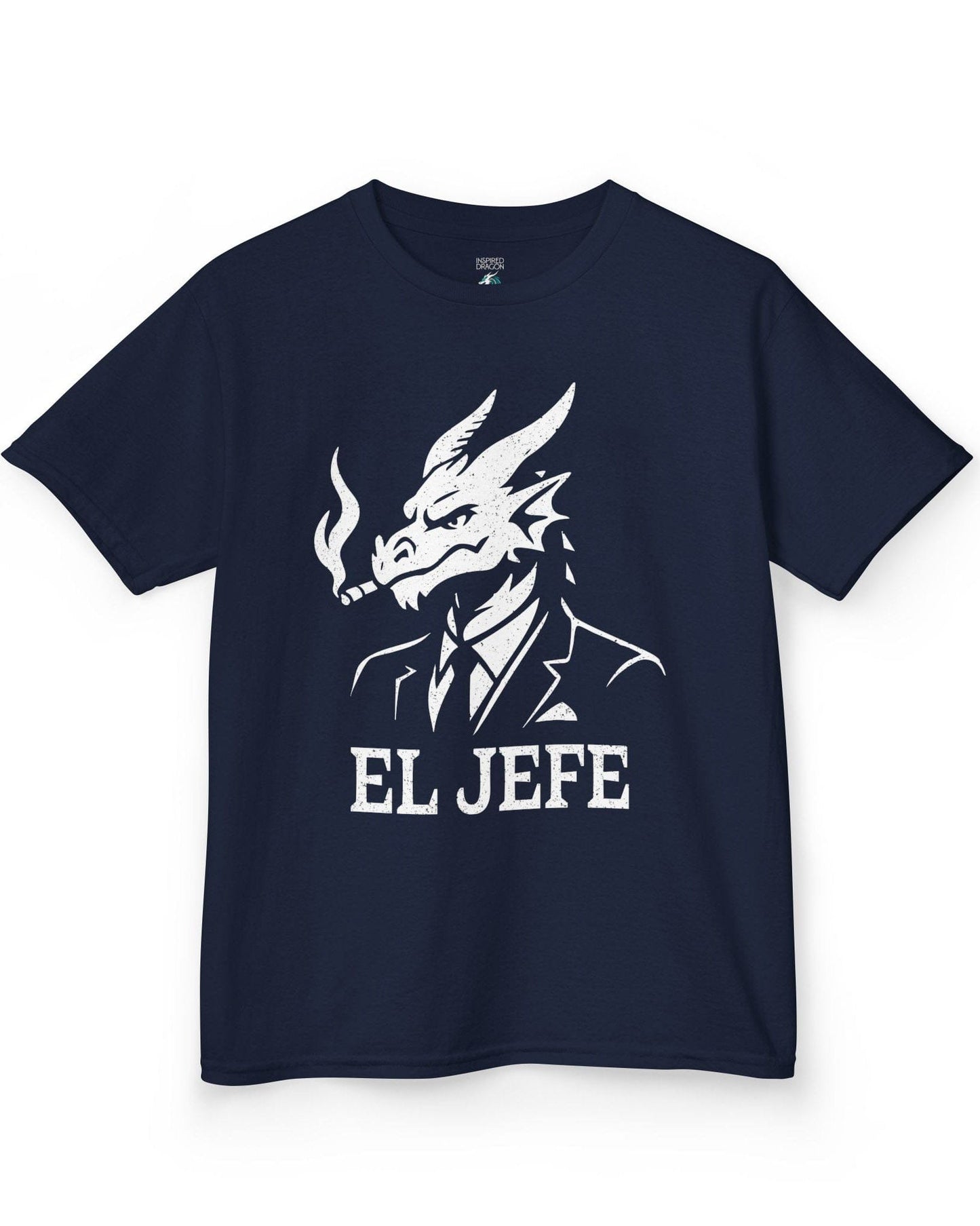 El Jefe shirt in navy featuring a dragon in a suit with a cigar, exuding cool, confident boss energy.