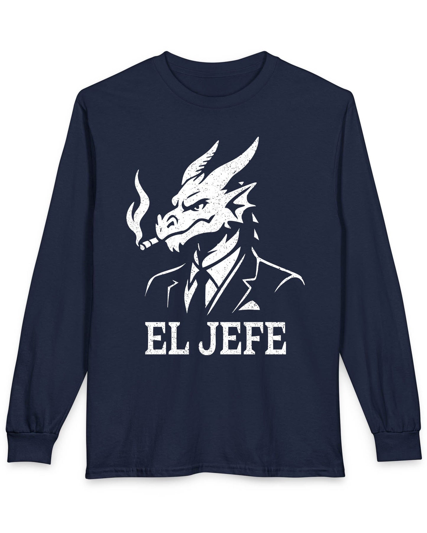 El Jefe shirt in navy featuring a dragon in a suit with a cigar, exuding cool, confident boss energy.