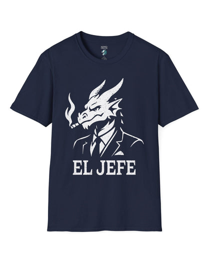 El Jefe shirt in navy featuring a dragon in a suit with a cigar, exuding cool, confident boss energy.