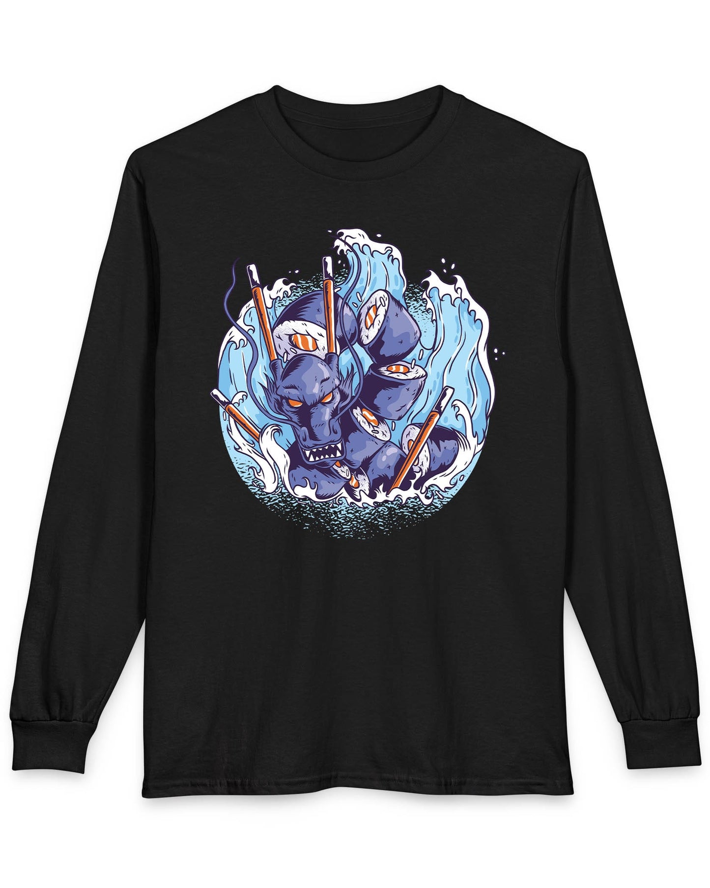 Sushi Storm shirt in black featuring a fierce dragon made of sushi rolls crashing through waves with chopsticks