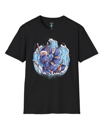 Sushi Storm shirt in black featuring a fierce dragon made of sushi rolls crashing through waves with chopsticks.