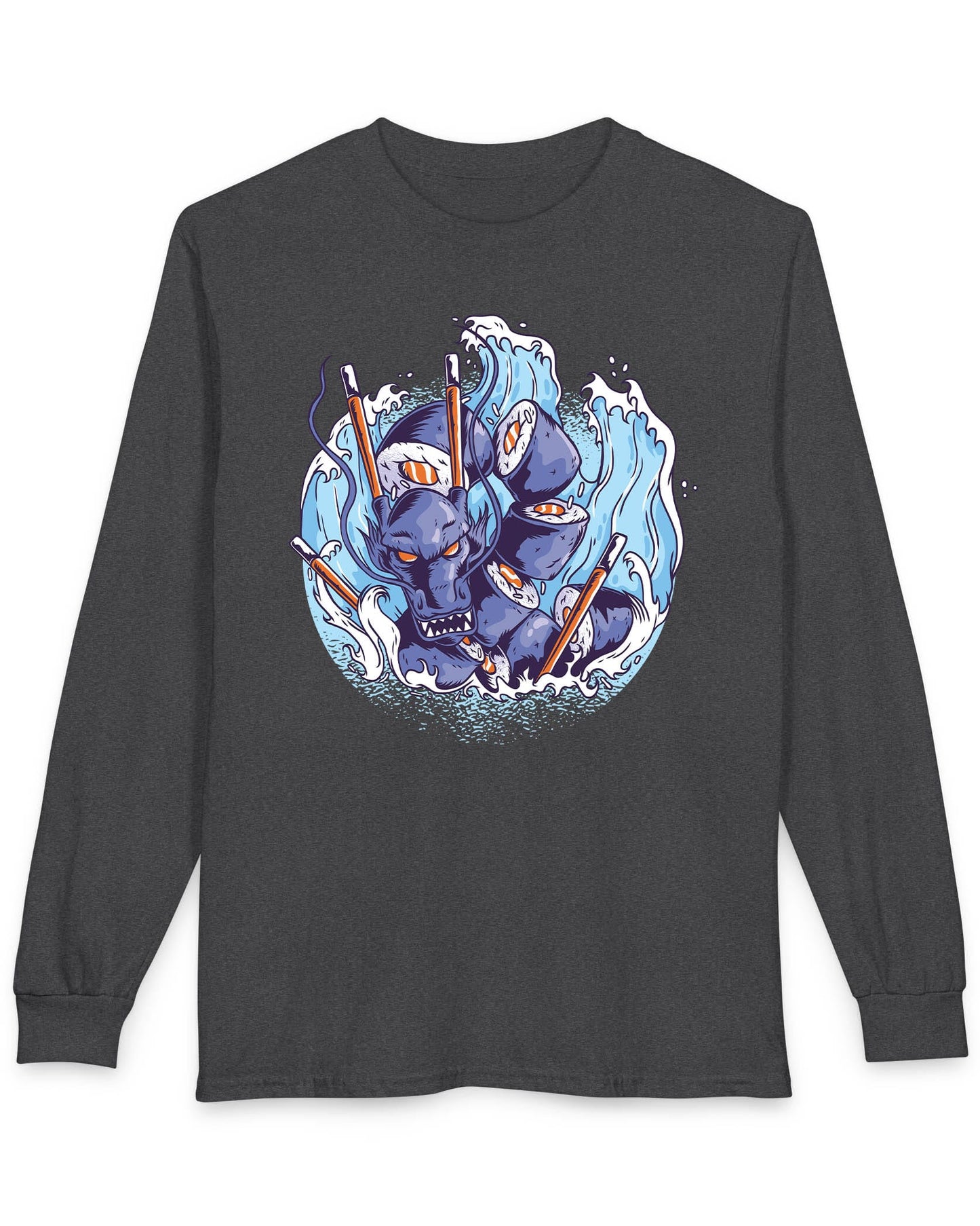 Sushi Storm shirt in dark heather featuring a fierce dragon made of sushi rolls crashing through waves with chopsticks