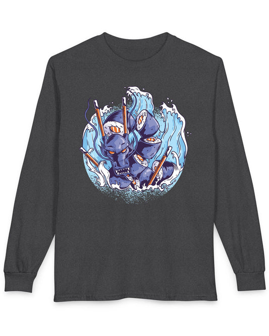 Sushi Storm shirt in dark heather featuring a fierce dragon made of sushi rolls crashing through waves with chopsticks