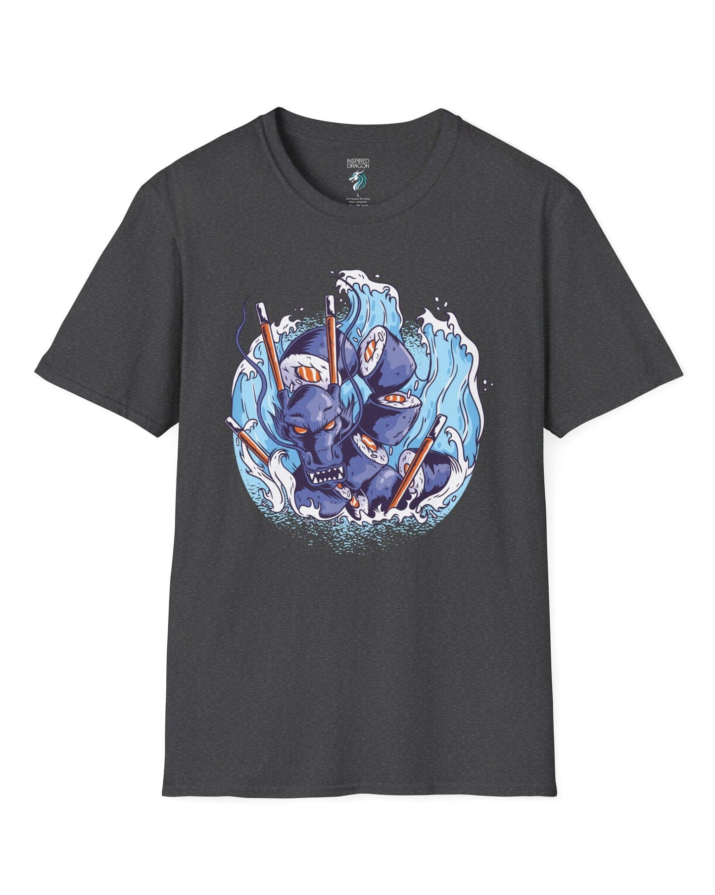 Sushi Storm shirt in dark heather grey featuring a fierce dragon made of sushi rolls crashing through waves with chopsticks.