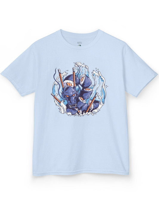 Sushi Storm shirt in light blue featuring a fierce dragon made of sushi rolls crashing through waves with chopsticks.