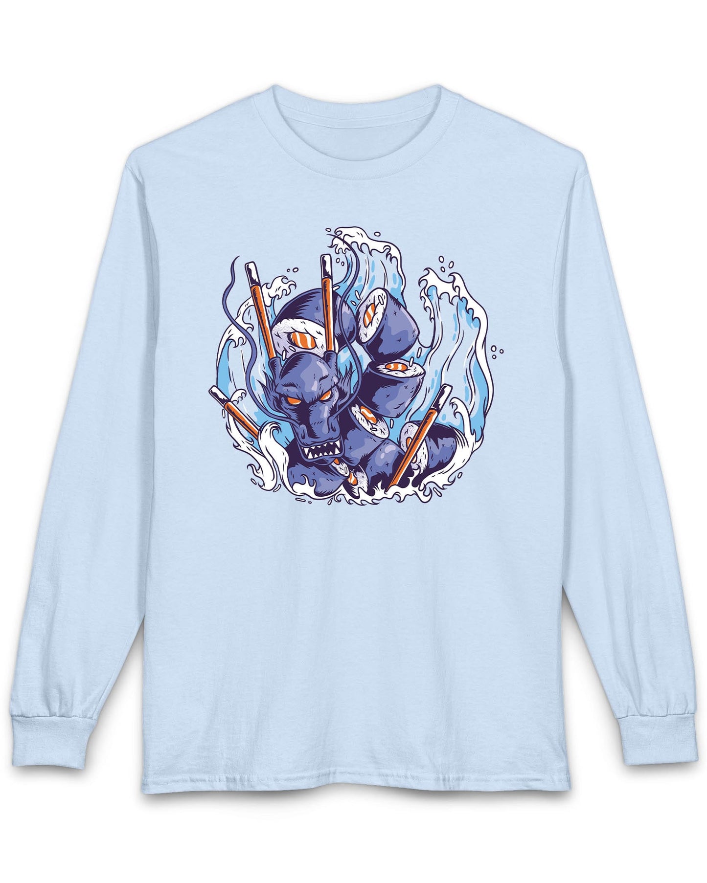 Sushi Storm shirt in light blue featuring a fierce dragon made of sushi rolls crashing through waves with chopsticks