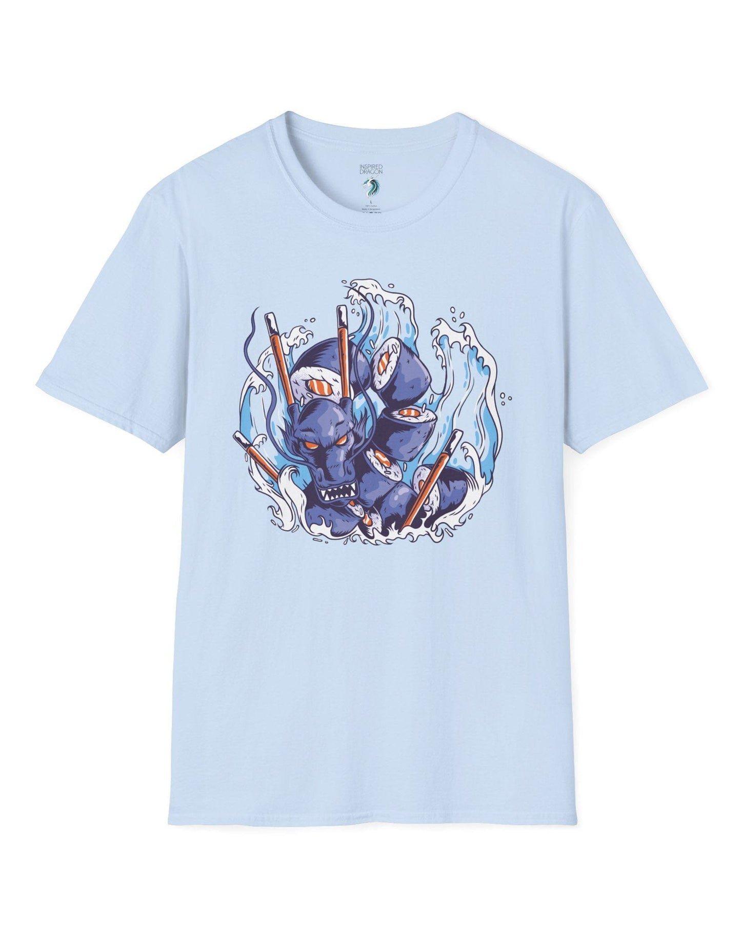 Sushi Storm shirt in light blue featuring a fierce dragon made of sushi rolls crashing through waves with chopsticks.