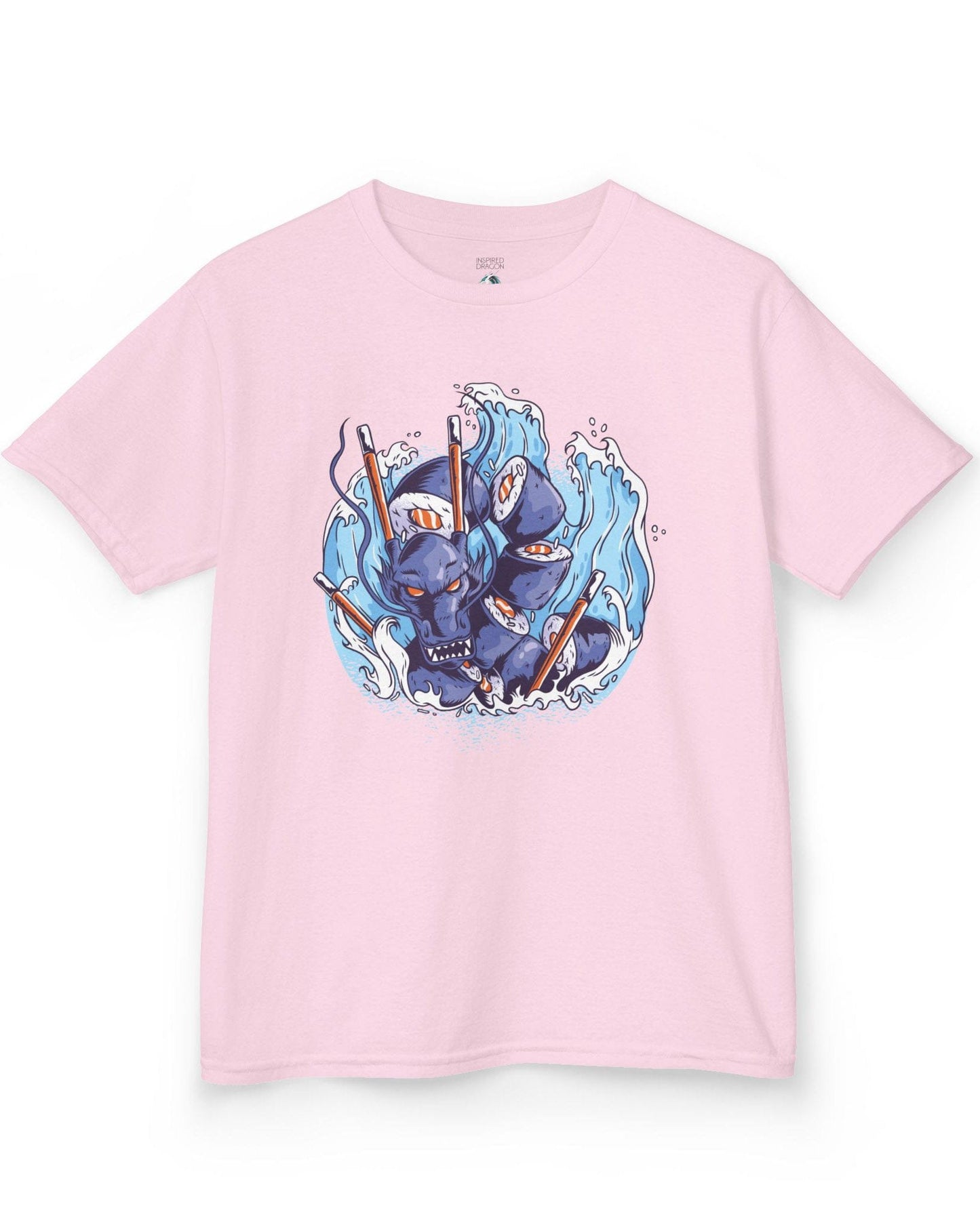 Sushi Storm shirt in light pink featuring a fierce dragon made of sushi rolls crashing through waves with chopsticks.