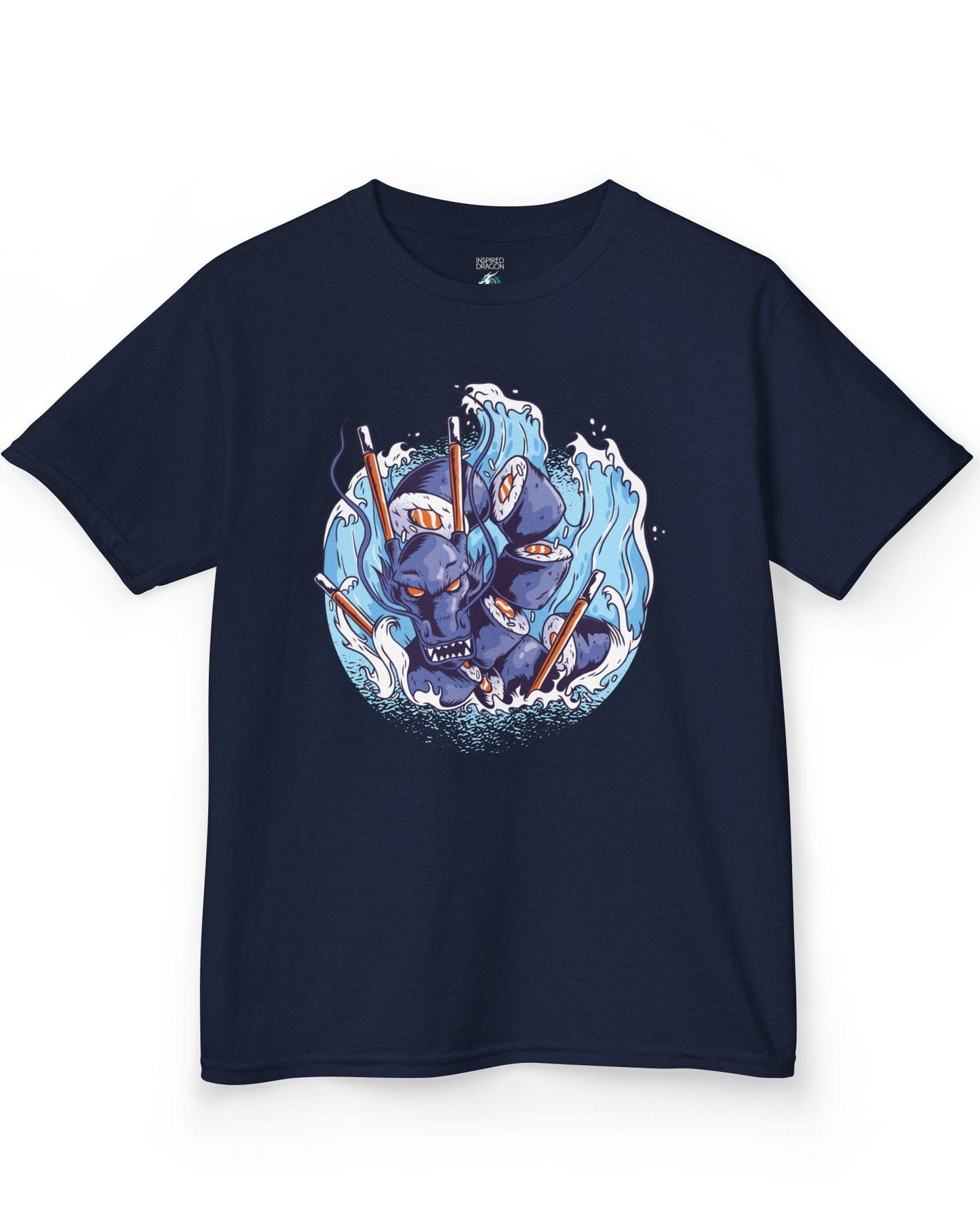 Sushi Storm shirt in navy featuring a fierce dragon made of sushi rolls crashing through waves with chopsticks.