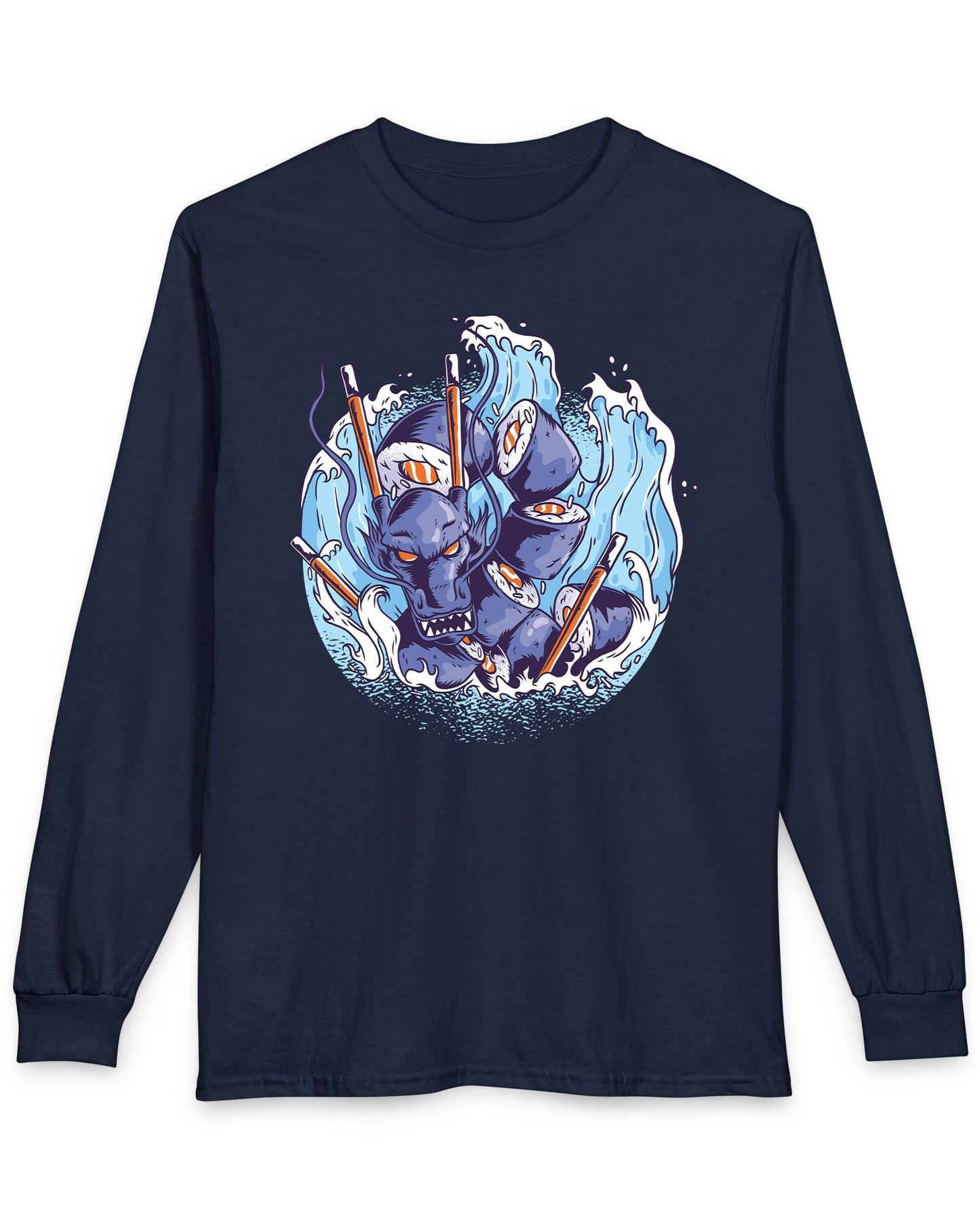 Sushi Storm shirt in navy featuring a fierce dragon made of sushi rolls crashing through waves with chopsticks