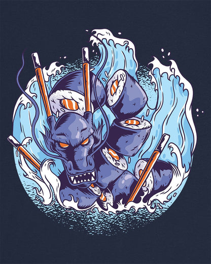 Sushi Storm shirt in navy featuring a fierce dragon made of sushi rolls crashing through waves with chopsticks.
