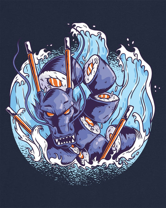 Sushi Storm shirt in navy featuring a fierce dragon made of sushi rolls crashing through waves with chopsticks.
