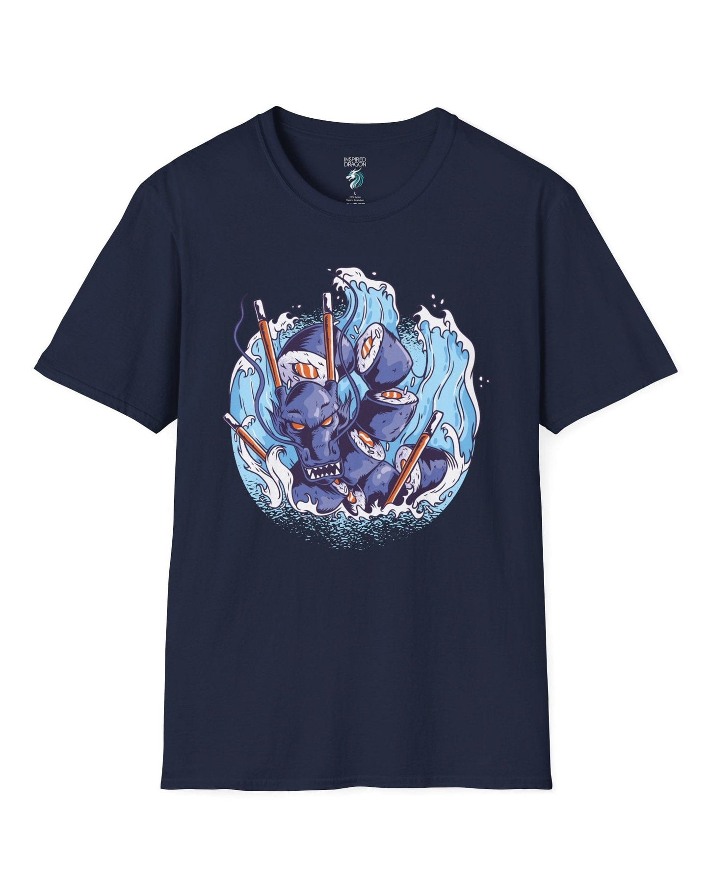 Sushi Storm shirt in navy featuring a fierce dragon made of sushi rolls crashing through waves with chopsticks.