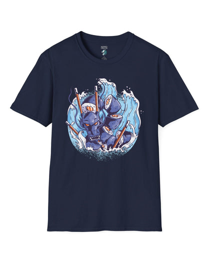 Sushi Storm shirt in navy featuring a fierce dragon made of sushi rolls crashing through waves with chopsticks.