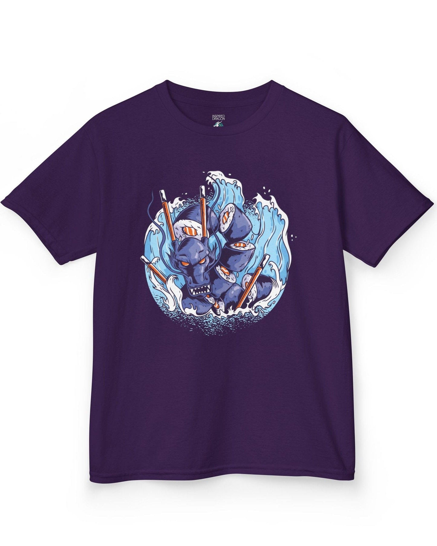 Sushi Storm shirt in purple featuring a fierce dragon made of sushi rolls crashing through waves with chopsticks.