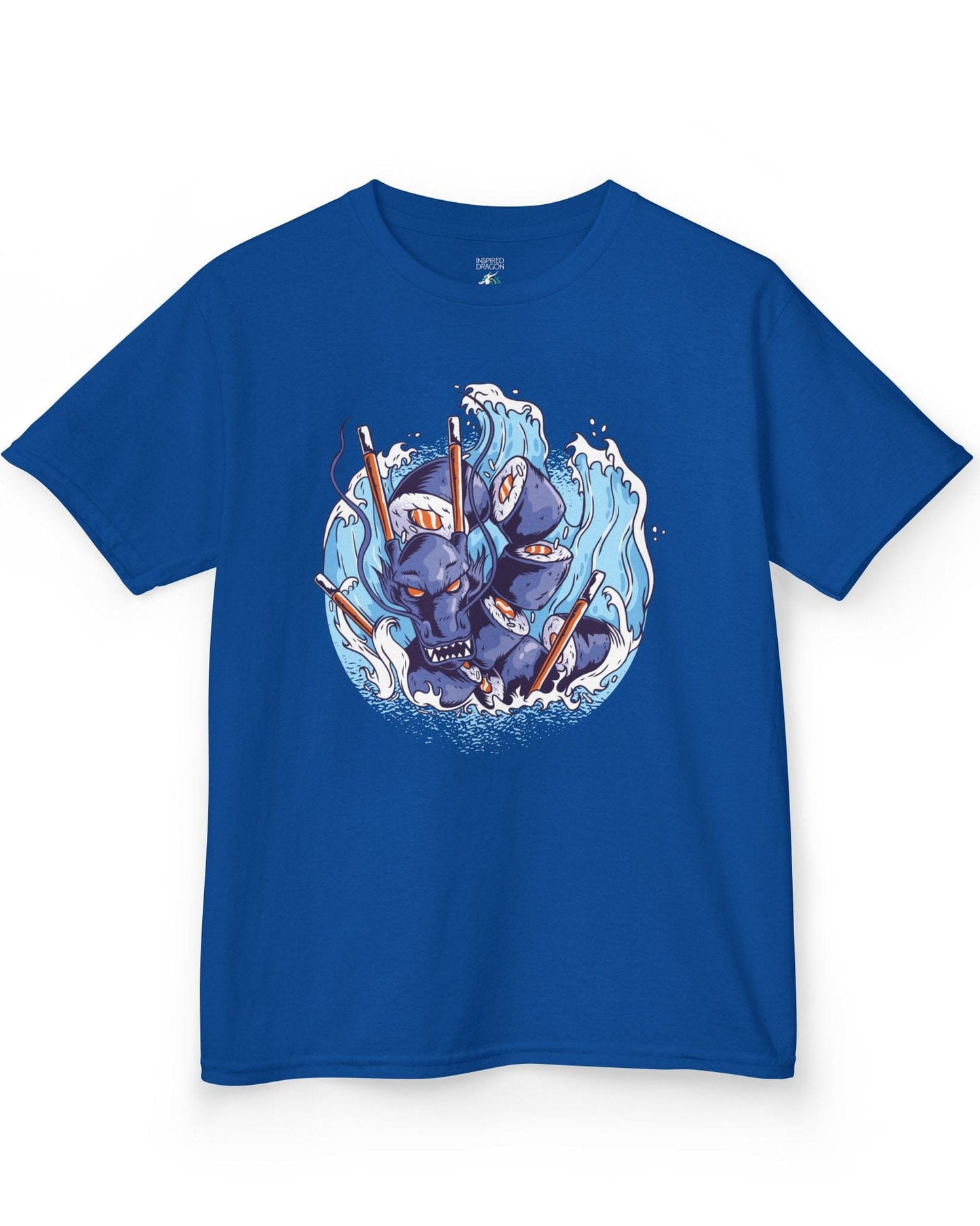 Sushi Storm shirt in royal blue featuring a fierce dragon made of sushi rolls crashing through waves with chopsticks.
