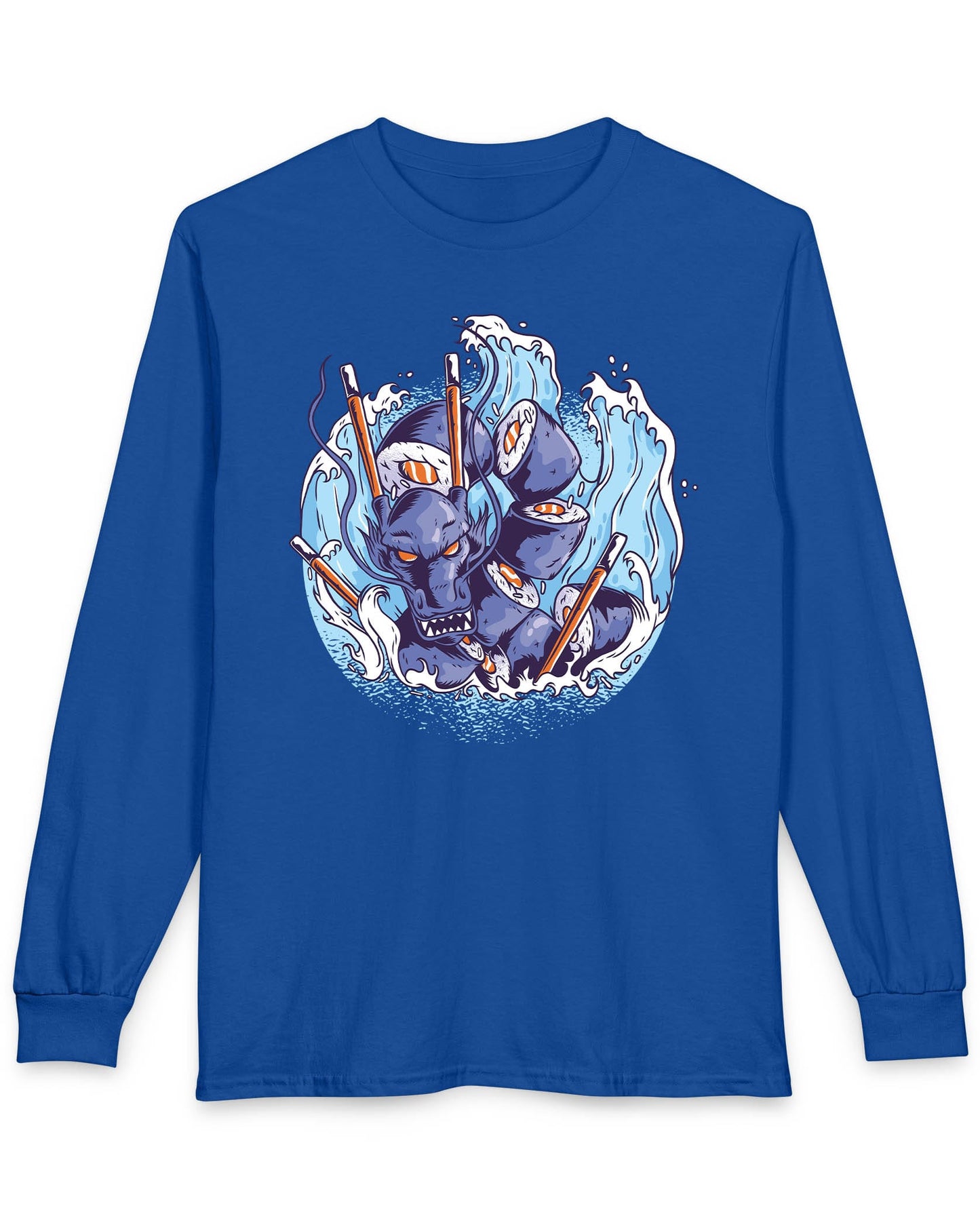 Sushi Storm shirt in royal blue featuring a fierce dragon made of sushi rolls crashing through waves with chopsticks
