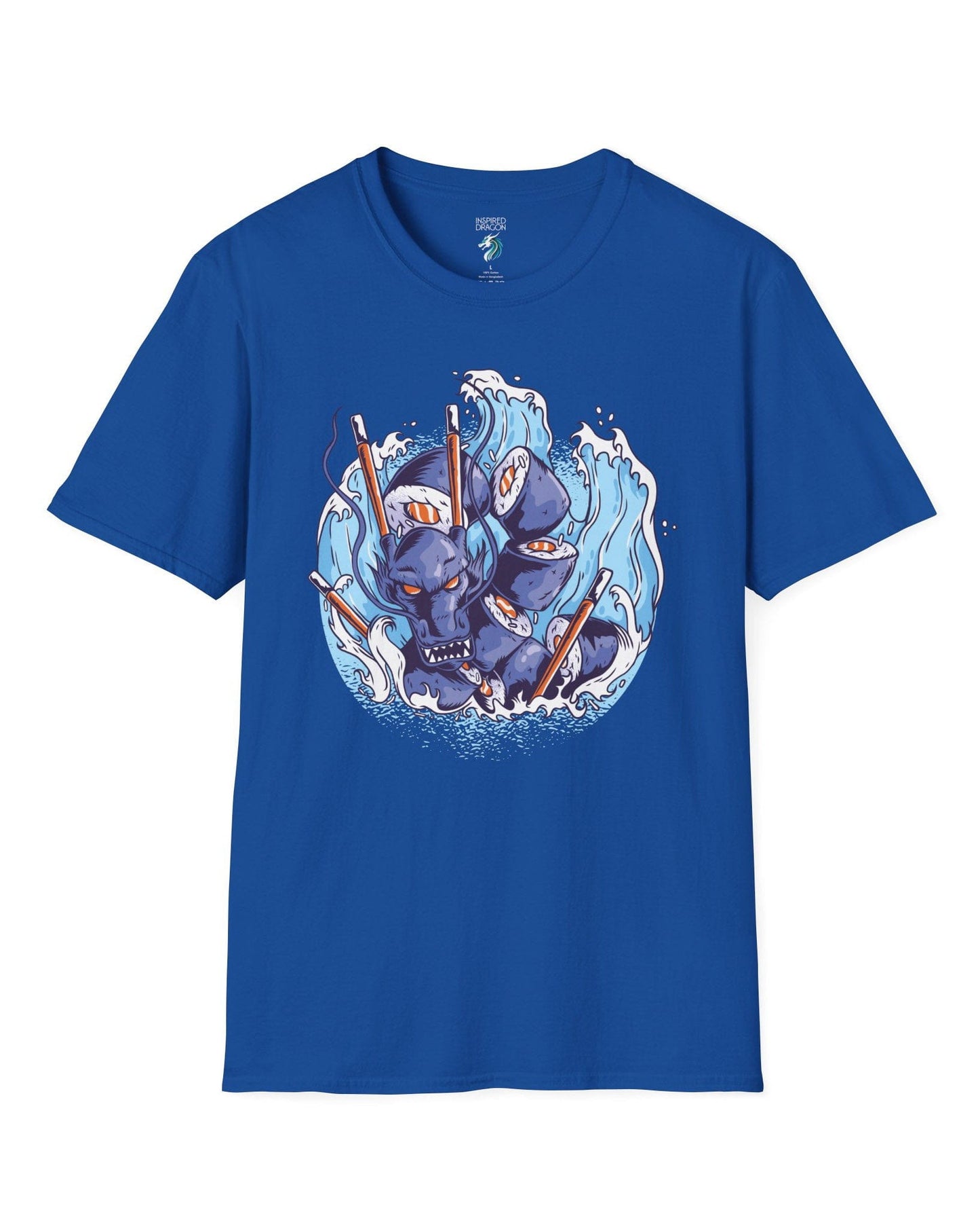 Sushi Storm shirt in royal blue featuring a fierce dragon made of sushi rolls crashing through waves with chopsticks.