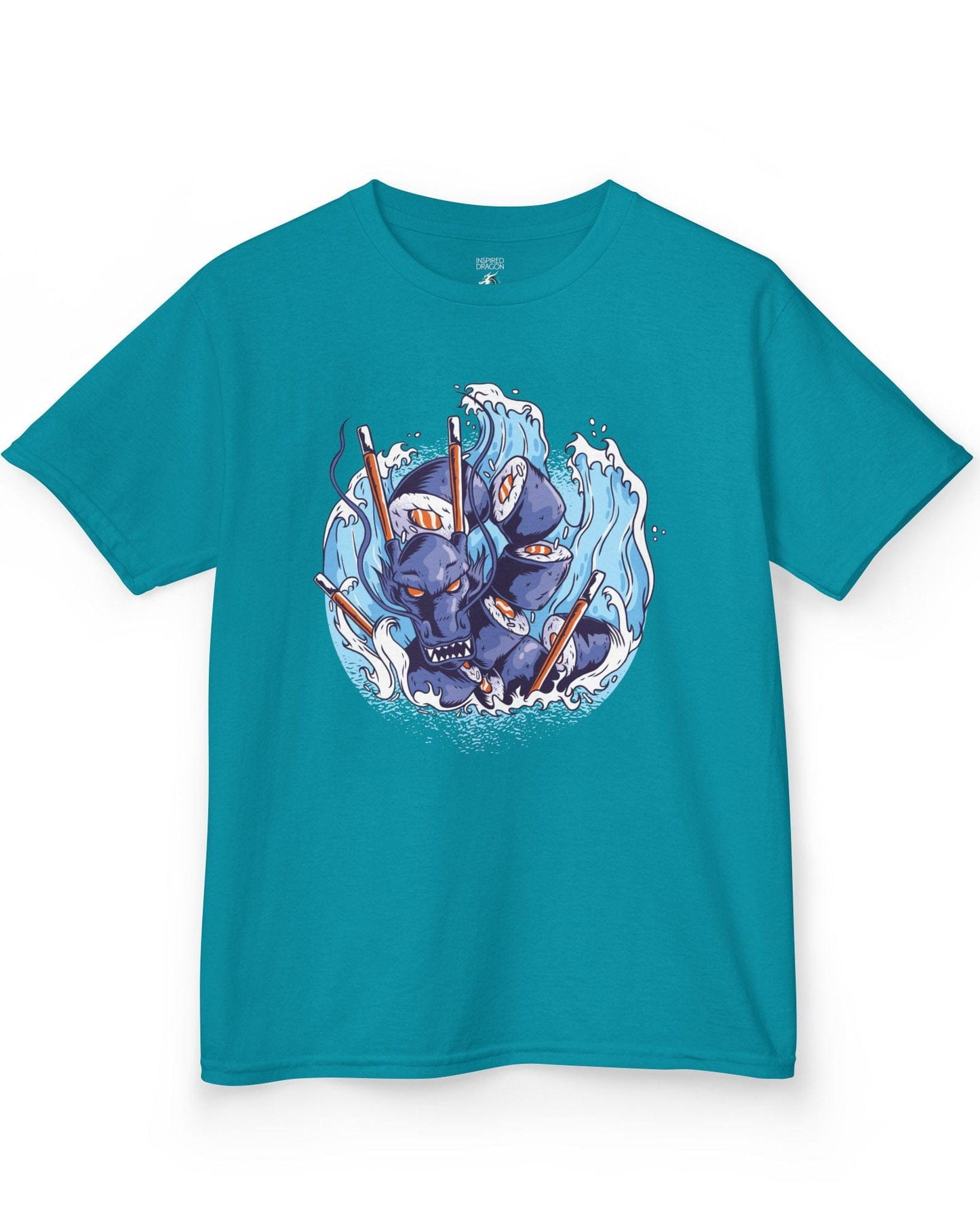 Sushi Storm shirt in tropical blue featuring a fierce dragon made of sushi rolls crashing through waves with chopsticks.