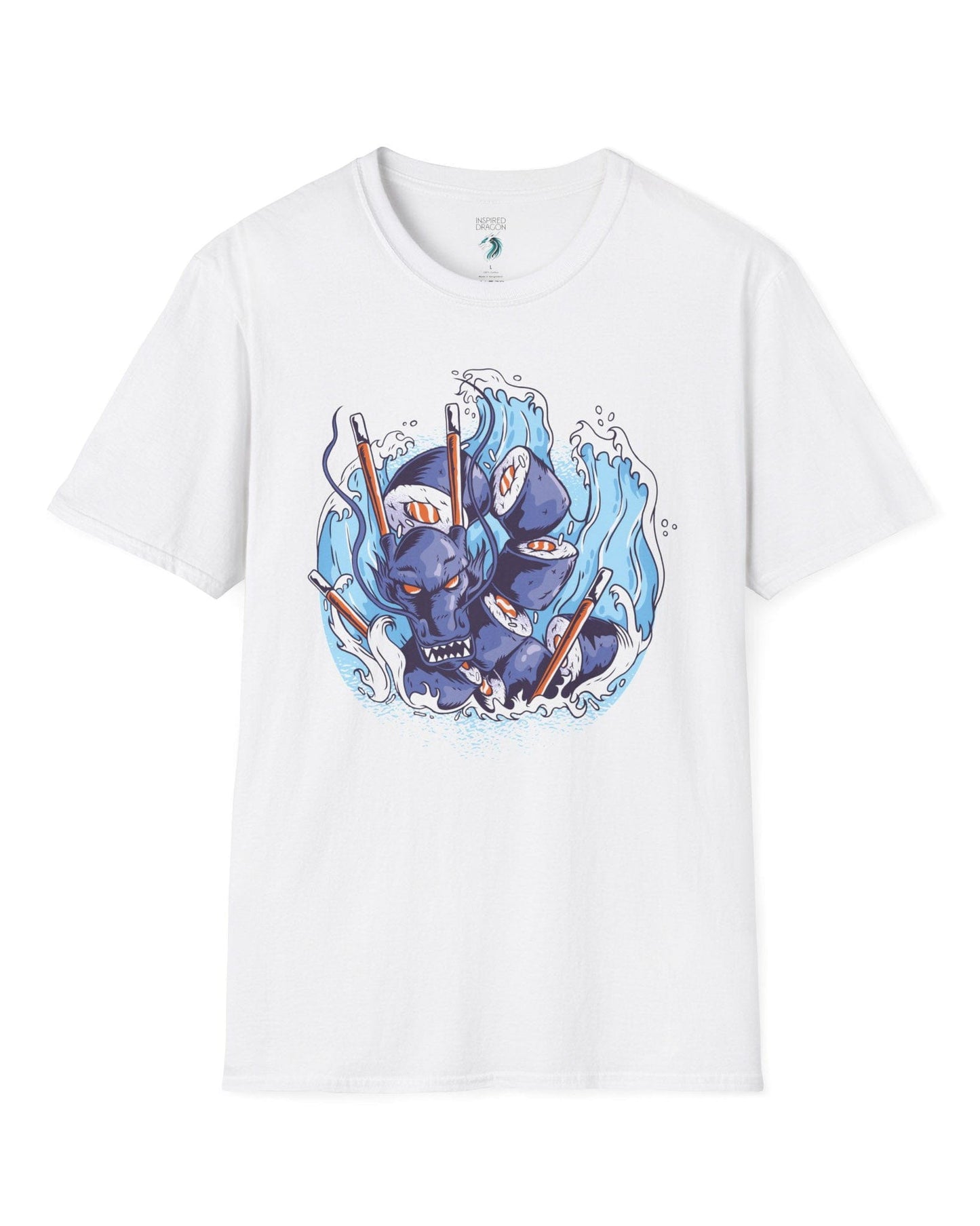 Sushi Storm shirt in white featuring a fierce dragon made of sushi rolls crashing through waves with chopsticks.