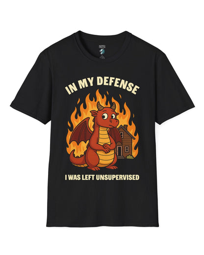 I Was Left Unsupervised shirt in black featuring a guilty-looking dragon in front of a burning house.