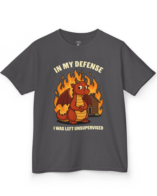 I Was Left Unsupervised shirt in charcoal featuring a guilty-looking red dragon in front of a burning house.
