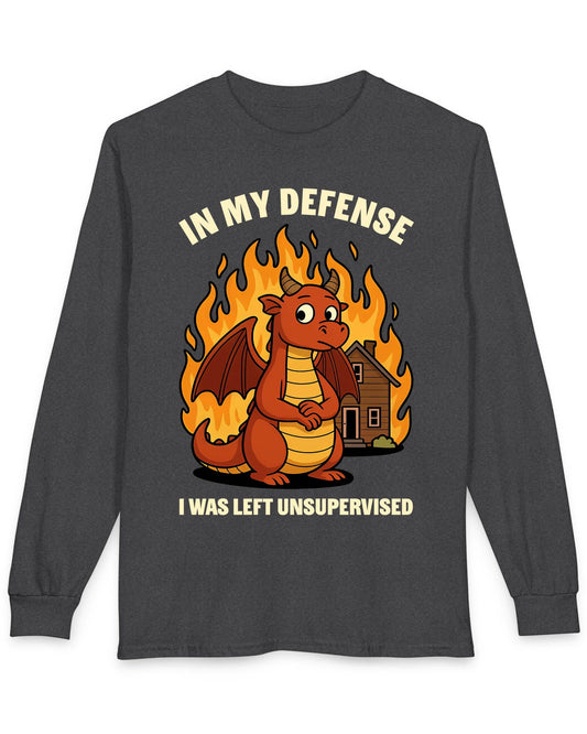 I Was Left Unsupervised shirt in dark heather grey featuring a guilty-looking red dragon in front of a burning house.