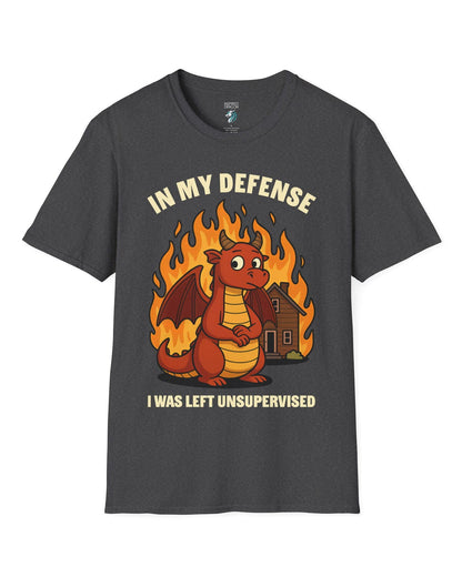 I Was Left Unsupervised shirt in dark heather grey featuring a guilty-looking dragon in front of a burning house.