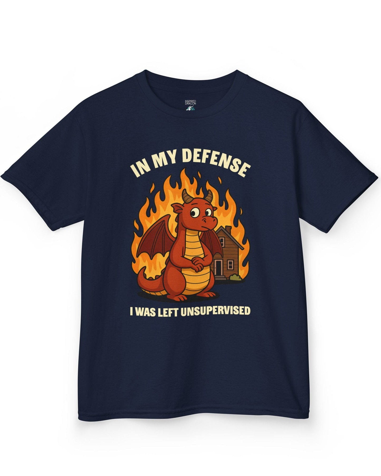 I Was Left Unsupervised shirt in navy featuring a guilty-looking red dragon in front of a burning house.