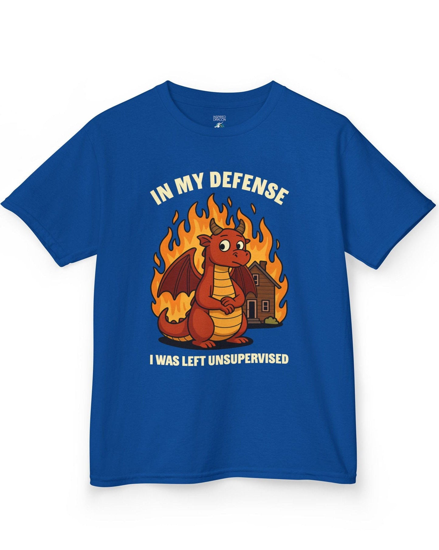 I Was Left Unsupervised shirt in royal blue featuring a guilty-looking red dragon in front of a burning house.